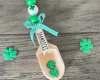 Farmhouse Canister Scoop Garland, St. Patrick’s Day Garland, St. Patrick’s Day Tiered Tray Decor, Farmhouse Wooden Beads Garland