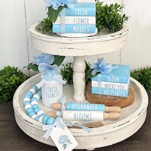 Hydrangea Tiered Tray Decor Spring Coffee Bar Decor Hydrangeas Wood Bead Garland Farmhouse Garland Summer Decor Flower Mini Wood Books