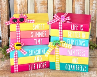Farmhouse Mini Wood Book Stack Summer Mini Wood Books Summer Tiered Tray Decor Summer Coffee Bar Decor Flip Flops Palm Trees Beach Decor