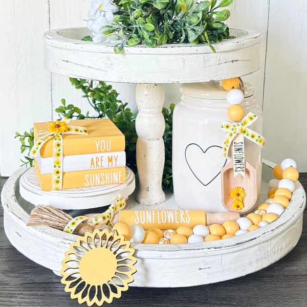 Sunflower Tiered Tray Decor Sunflower Coffee Bar Decor Sunflowers Wood Bead Garland Farmhouse Garland Summer Decor Flower Mini Wood Books