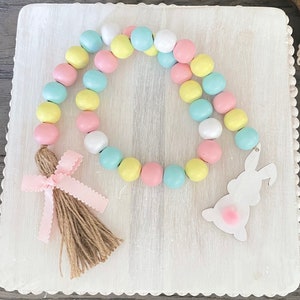 Farmhouse Easter Garland, Easter Wood Bead Garland, Easter Decor, Easter Bunny, Tiered Tray Decor, Wooden Beads with tassel, Boho beads