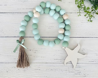 Starfish Garland, Beach Garland, Nautical Beach Decor, Farmhouse Wooden Beads Garland, Tiered Tray Decor, Ocean, Casa Beads, Sea Turtle
