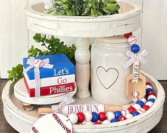 Farmhouse Mini Wood Book Stack Philadelphia Phillies Garland Phillies Inspired Decor Spring Baseball Tiered Tray Decor Coffee Bar Decor