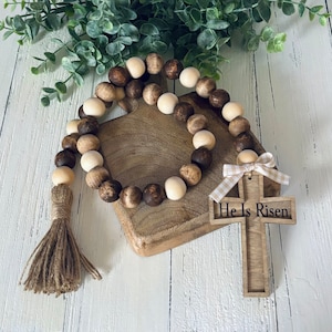 Farmhouse Wood Bead Garland He Is Risen Cross Garland Wooden Beads Spring Garland Easter Garland Coffee Bar Decor Spring Tiered Tray Accents