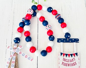 Patriotic Wood Bead Garland Patriotic Coffee Bar Decor Patriotic Tiered Tray Decor American Decor Fourth of July Memorial Day Fireworks