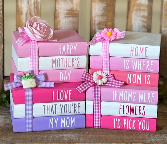 Farmhouse Mini Wood Books Mother’s Day Tiered Tray Decor Mother’s Day Wood Book Stack Best Mom Mothers Day Decor Pink Coffee Bar Decor Moms