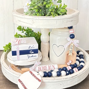 Farmhouse Mini Wood Book Stack New York Yankees Garland NY Yankees Inspired Decor Spring Baseball Tiered Tray Decor Coffee Bar Decor