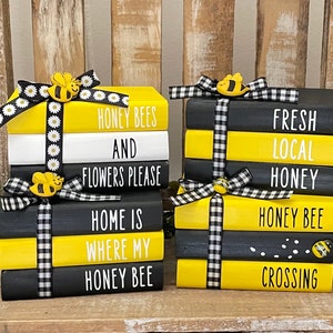 Farmhouse Bee Wood Books, Bee Decor, Mini Bee Wood Book Stack, Farmhouse Tiered Tray Decor, Spring Decor, Summer Decor, Bees, Honey Bee