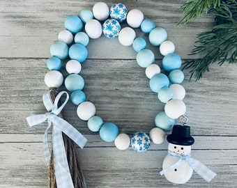 Snowman Garland, Snowman Decor, Christmas Garland, Christmas Decor, Farmhouse Decor, Wooden Beads Garland, Tiered Tray Decor, Wood Beads