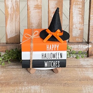 Farmhouse Mini Wood Book Stack, Halloween Book Stack, Halloween Decor, Farmhouse Decor, Tiered Tray Decor, Witch Decor, Witch Books, Ghost
