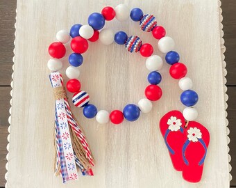 Farmhouse Patriotic Flip Flops Garland, Patriotic Decor, Farmhouse Wood Bead Garland, Patriotic Tiered Tray Decor, American Summer Decor