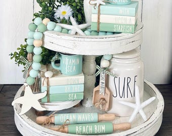 Farmhouse Beach Mini Wood Book Stack, Beach Decor, Beach Tiered Tray Decor, Nautical Decor, Sea Turtle Book Stack, Starfish Bead Garland