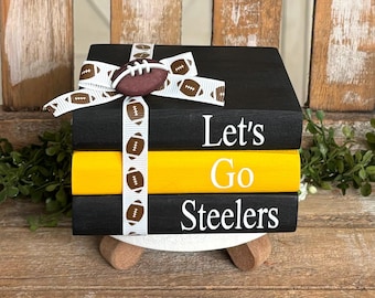 Farmhouse Mini Wood Book Stack,Pittsburgh Steelers Wood Books,Pittsburgh Steelers Football Decor, Football Tiered Tray Decor Sports Fanatics