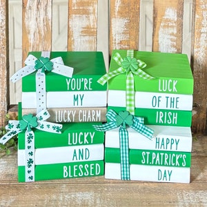 Farmhouse St. Patrick’s Day Wood Books, St. Patrick’s Day Decor, Mini Wood Books, Farmhouse Tiered Tray Decor, Lucky, Rainbows, Pot O’Gold