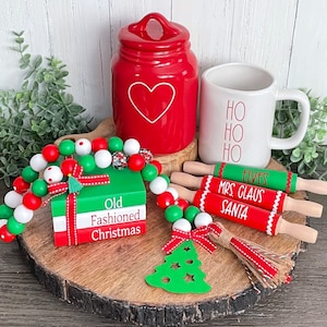 Christmas Tiered Tray Decor, Farmhouse Christmas Decor, Farmhouse Wood Bead Garland, Mini Wood Book Stack, Canister Wood Scoop,Santa Decor