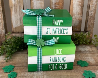 Farmhouse St. Patrick’s Day Wood Books, St. Patrick’s Day Decor, Mini Wood Books, Farmhouse Tiered Tray Decor, Luck, Rainbows, Pot O’Gold