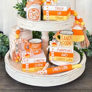 Candy Corn Garland, Halloween Wood Bead Garland, Halloween Decor, Halloween Wood Books, Halloween Coffee Bar, Halloween Tiered Tray Decor