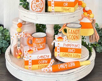 Candy Corn Garland, Halloween Wood Bead Garland, Halloween Decor, Halloween Wood Books, Halloween Coffee Bar, Halloween Tiered Tray Decor