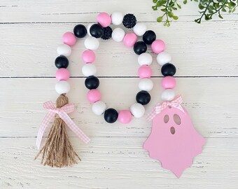 Ghost Halloween Garland, Halloween Decor, Farmhouse Garland, Farmhouse Decor, Tiered Tray Decor, Wooden Beads Garland, Wood Beads Garland