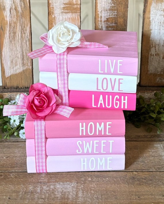 Farmhouse Mini Wood Books Mother’s Day Tiered Tray Decor Mother’s Day Wood Book Stack Best Mom Mothers Day Decor Pink Coffee Bar Decor