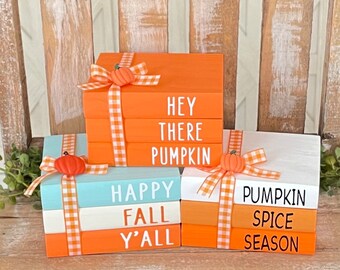 Mini pila de libros de madera estilo granja, pila de libros de otoño, libros de madera de otoño, decoración de bandeja escalonada de otoño, decoración de Acción de Gracias estilo granja, decoración de Halloween