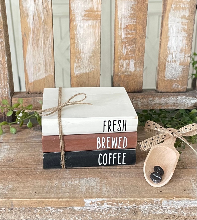 Farmhouse Mini Wood Book Stack, Coffee Wood Books, Coffee Bar Decor ...
