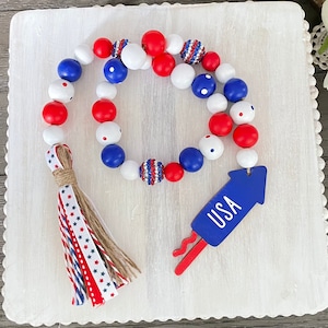Farmhouse Patriotic Garland, Fireworks American Garland, Patriotic Decor, Patriotic Wood Beads Garland, Tiered Tray Decor, America, USA