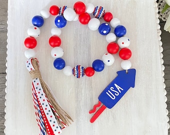 Farmhouse Patriotic Garland, Fireworks American Garland, Patriotic Decor, Patriotic Wood Beads Garland, Tiered Tray Decor, America, USA