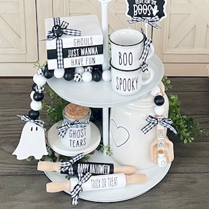 Farmhouse Halloween Tiered Tray Decor, Ghost Decor, Ghost Wood Beads Garland, Halloween Decor, Wood Rolling Pin, Mini Wood Books, Ghost Book
