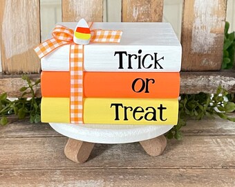 Trick Or Treat Wood Book Stack, Mini Wood Books, Halloween Decor, Farmhouse Decor, Tiered Tray Decor