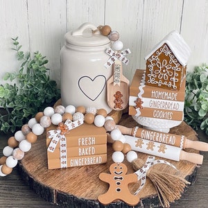 Gingerbread Tiered Tray Decor, Neutral Gingerbread Christmas Decor, Gingerbread Wood Bead Garland, Mini Wood Book Stack, Canister Wood Scoop
