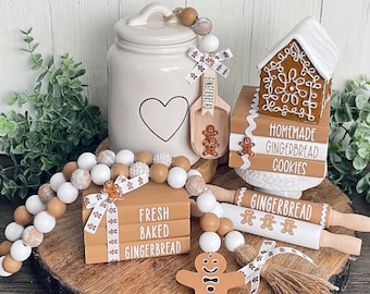 Gingerbread Tiered Tray Decor, Neutral Gingerbread Christmas Decor, Gingerbread Wood Bead Garland, Mini Wood Book Stack, Canister Wood Scoop