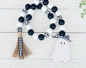 Guirlande Halloween Perles Bois - 2,1m Avec Fantômes En Feutre - Décoration Murale, Porte Ou Cheminée - Style Vintage Et Fait Main