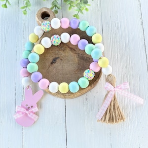 Farmhouse Easter Bunny Garland, Wood Bead Spring Garland, Spring Tiered Tray Decor, Easter Coffee Bar Decor, Peeps, Bunnies, Pastel Easter