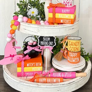 Farmhouse Pink Halloween Tiered Tray Decor, Witch Decor, Witch Wood Beads Garland, Halloween Decor, Wood Rolling Pin, Halloween Wood Books