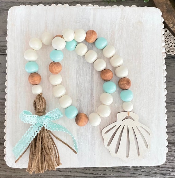 Farmhouse Seashell Wood Bead Garland, Beach Wooden Beads Garland