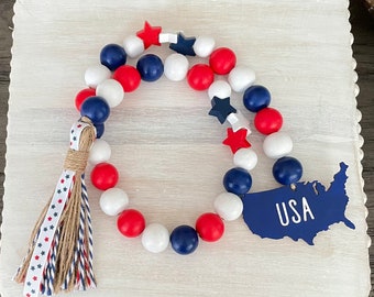 Farmhouse Patriotic Garland, USA Wood Bead Garland, Patriotic Decor, Farmhouse Tiered Tray Decor, Wooden Beads Garland, Summer Decor