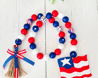 Patriotic Wood Bead Garland, Patriotic Coffee Bar Decor, Patriotic Tiered Tray Decor, American Flag Decor, Fourth of July, Memorial Day