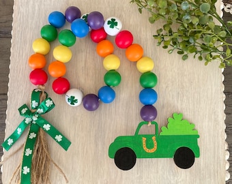 Farmhouse St. Patty’s Day Truck Garland, Sy. Patrick’s Day Decor, Tiered Tray Decor, Wooden Beads Garland, Rainbow, Lucky, Farmhouse Truck