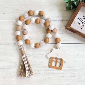 Gingerbread House Garland, Gingerbread Decor, Christmas Garland, Christmas Decor, Neutral  Wood Bead Garland, Gingerbread Tiered Tray Decor