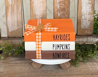 Fall Wood Book Stack, Fall Decor, Farmhouse Decor, Wooden Books, Halloween Decor, Tiered Tray Decor