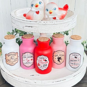 Valentines Coffee Bar Decor Apothecary Love Potion Bottles Farmhouse Valentine’s Day Tiered Tray Decor Valentines Glass Potion Bottles Cupid