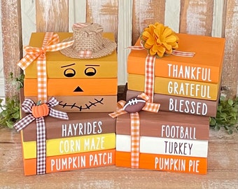 Farmhouse Mini Wood Book Stack, Fall Book Stack, Fall Wood Books, Fall Tiered Tray Decor, Scarecrow, Football, Thanksgiving Decor, Halloween