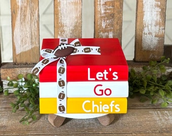 Farmhouse Mini Wood Book Stack, Kansas City Chiefs Wood Books, Chiefs Football Decor, KC Football, Football Tiered Tray Decor Sports Fanatic