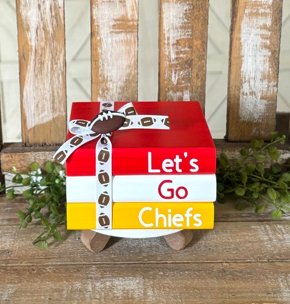 Farmhouse Mini Wood Book Stack, Kansas City Chiefs Wood Books, Chiefs Football Decor, KC Football, Football Tiered Tray Decor Sports Fanatic