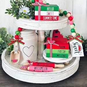 Farmhouse Watermelon Wood Bead Garland, Watermelon Mini Wood Books, Summer Coffee Bar Decor, Watermelon Tiered Tray Decor, Summer Garland