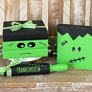 Farmhouse Halloween Tiered Tray Decor, Frankenstein Decor, Frankenstein Wood Sign, Frankenstein Rolling Pin, Halloween Sign, Halloween Books