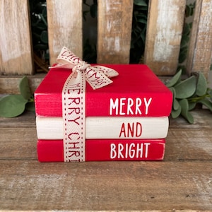 Mini Wood Books, Christmas Wood Book Stack, Christmas Decor, Farmhouse Decor, Tiered Tray Decor