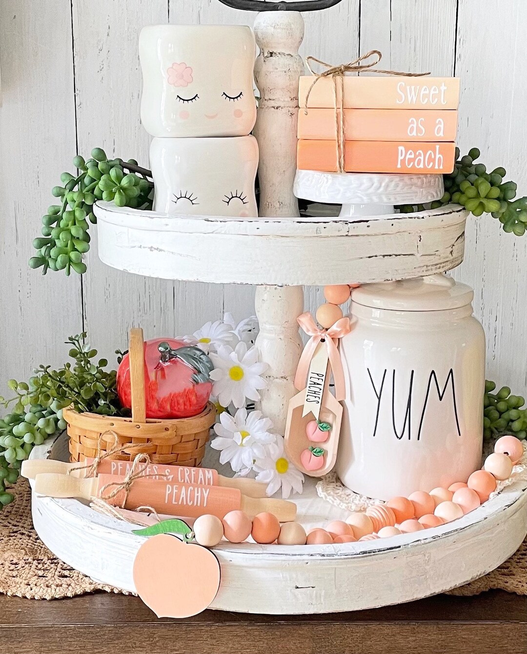 Peach Tiered Tray Decor, Peach Decor, Peach Wood Bead Garland, Peach ...