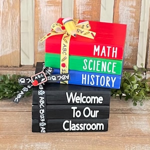 Farmhouse Mini Wood Book Stack, School Wood Books, Classroom Decor, School Wood Book Stacks, School themed Tiered Tray Decor, Back To School